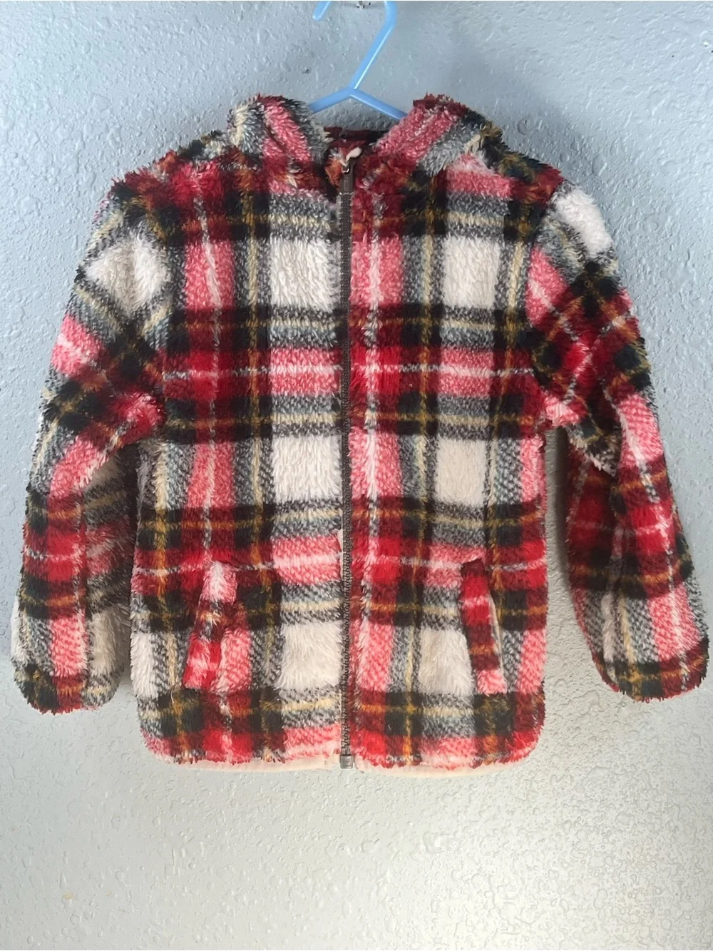 Old Navy Toddler Plush Fleece Plaid Hooded Jacket Red 3T